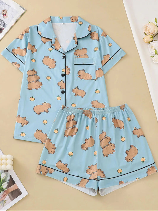 Pyjama Capybara Bleu 2 pièces pour femme