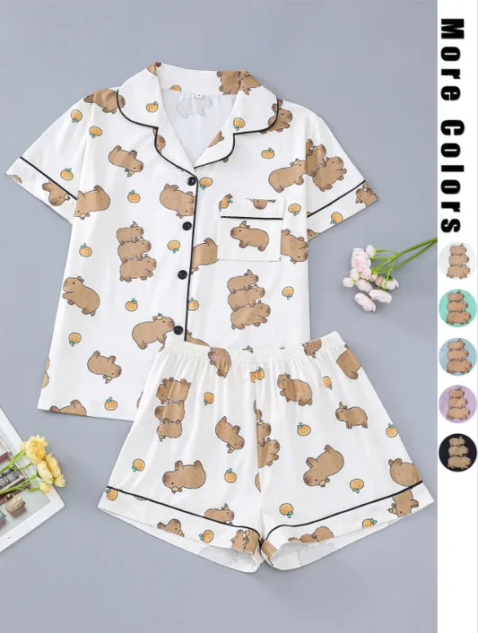 Pyjama Capybara Blanc 2 pièces pour femme