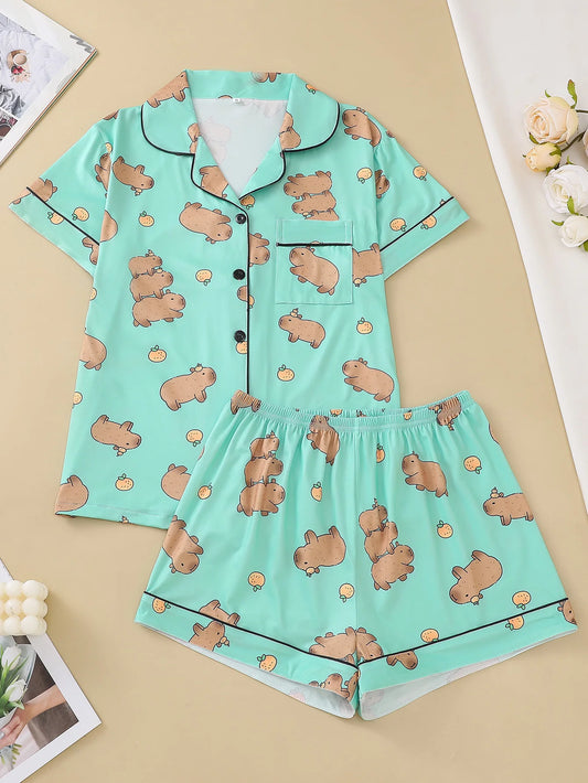 Pyjama Capybara Vert 2 pièces pour femme