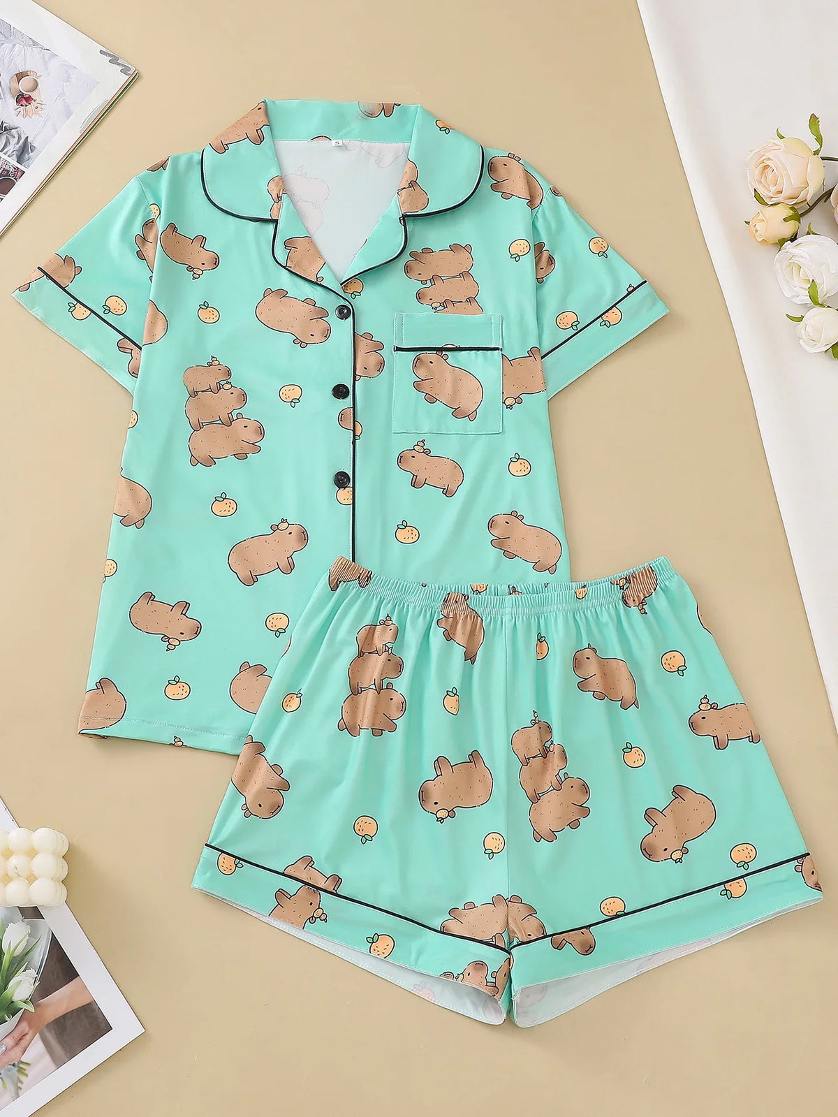 Pyjama Capybara Femme 2 Pièces – Vert