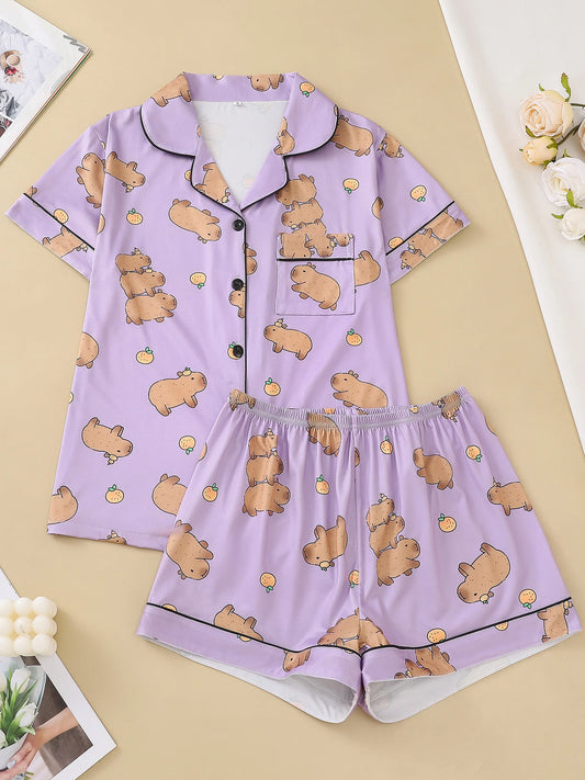 Pyjama Capybara Violet 2 pièces pour femme