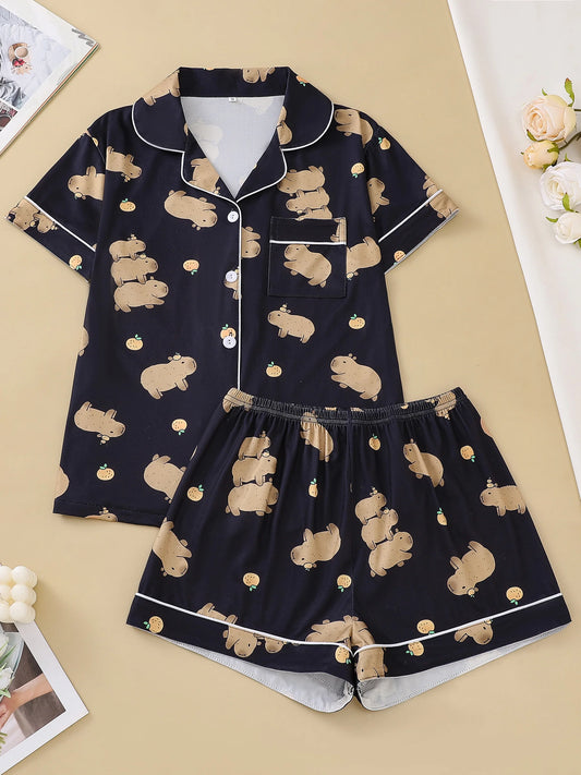 Pyjama Capybara Noir 2 pièces pour femme