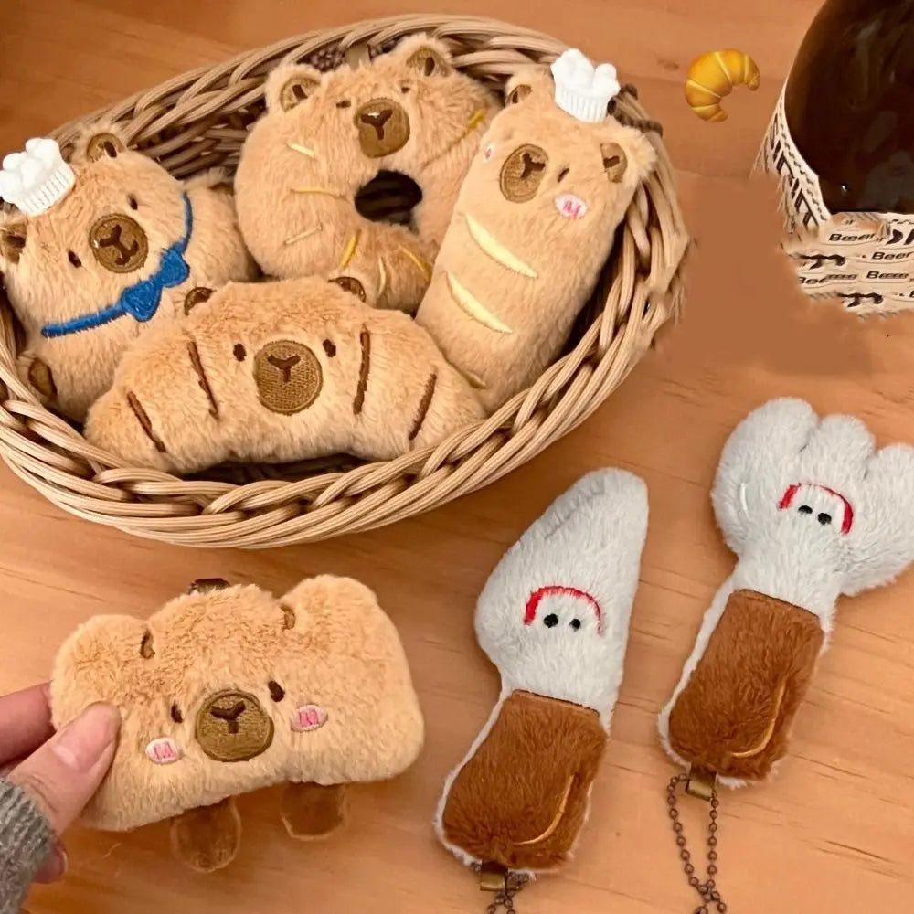 Porte-clé capybara croissant en peluche douce style boulangerie