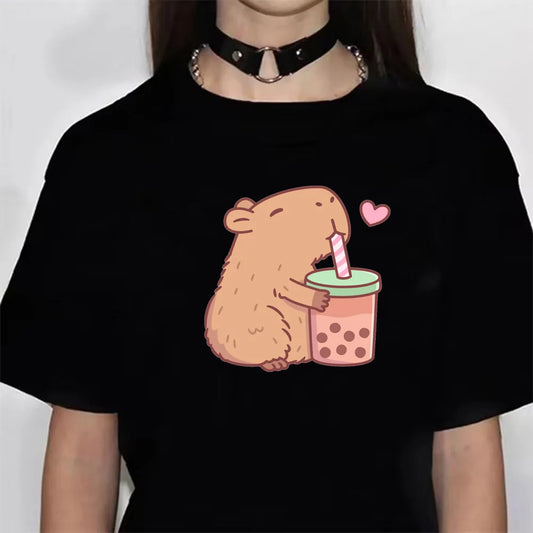 Tshirt Capybara Femme Noir Chill